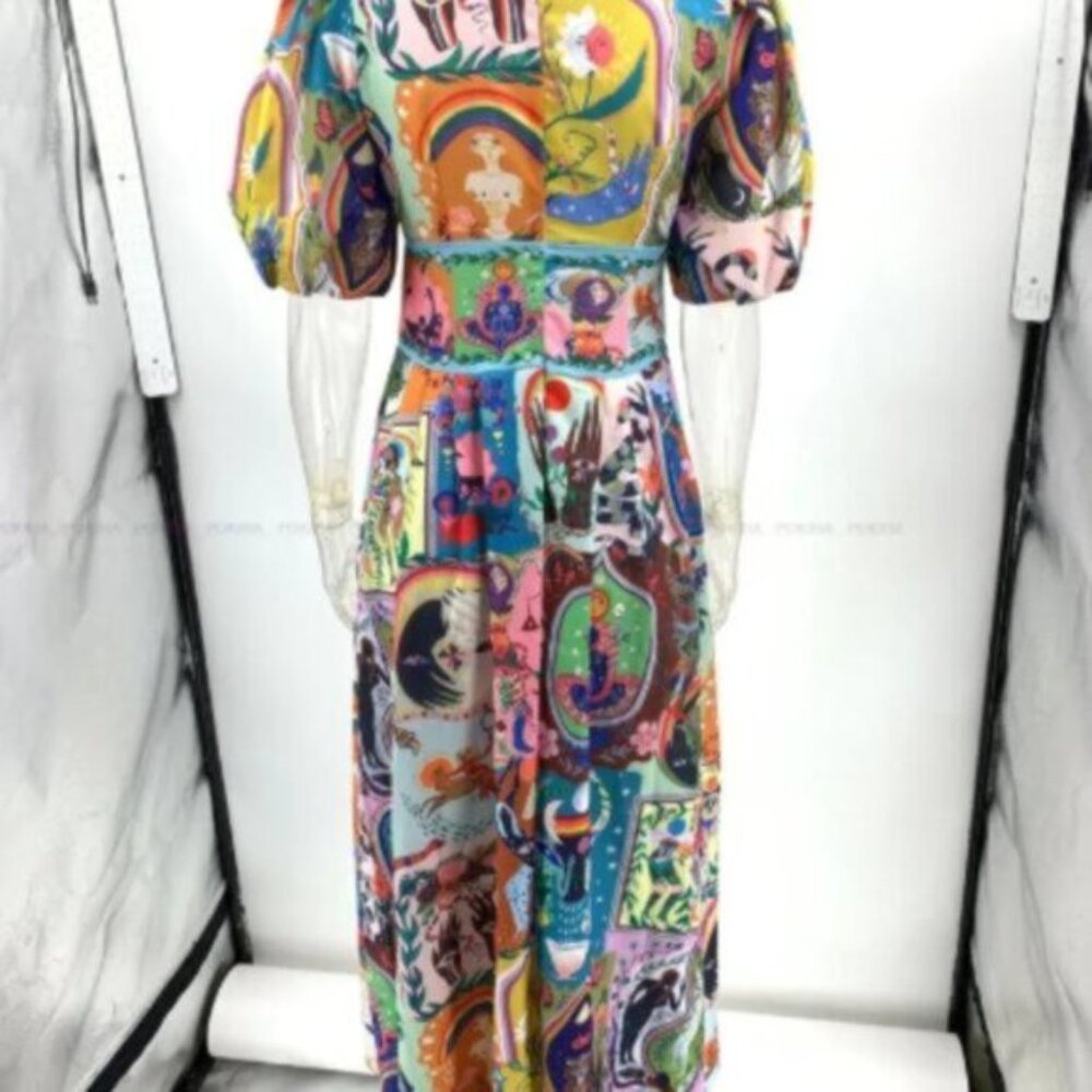 Green Art Puff Sleeve Corset Linen Abstract Floral A- Line Midi Dress XL - Picture 7 of 16
